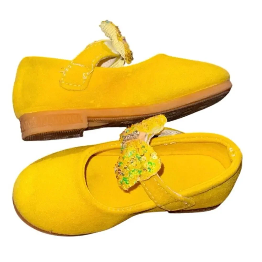 Neon Yellow Toddler Mary Jane Shoes Sequin Bow Girls Size 9C EU 26 Flats